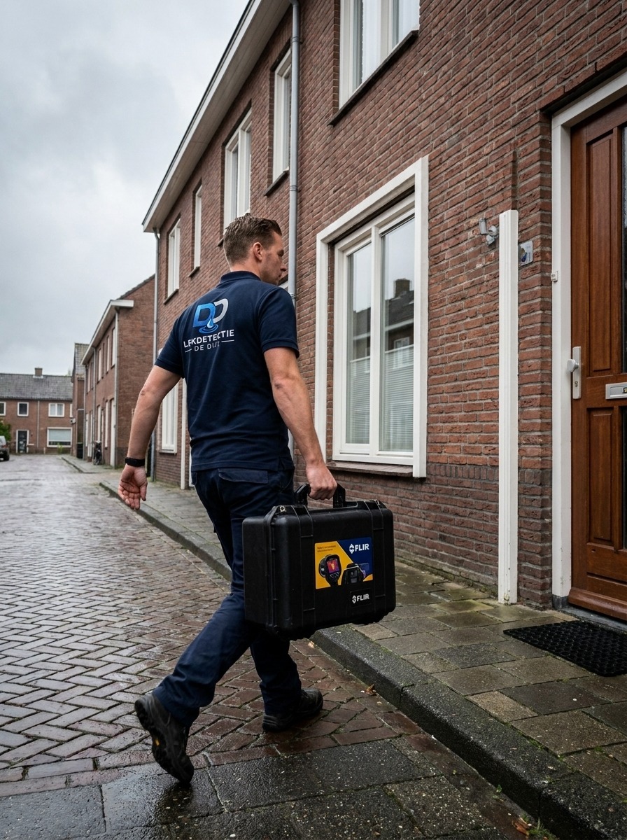 Lekdetectie specialist arriveert bij woning met FLIR apparatuur
